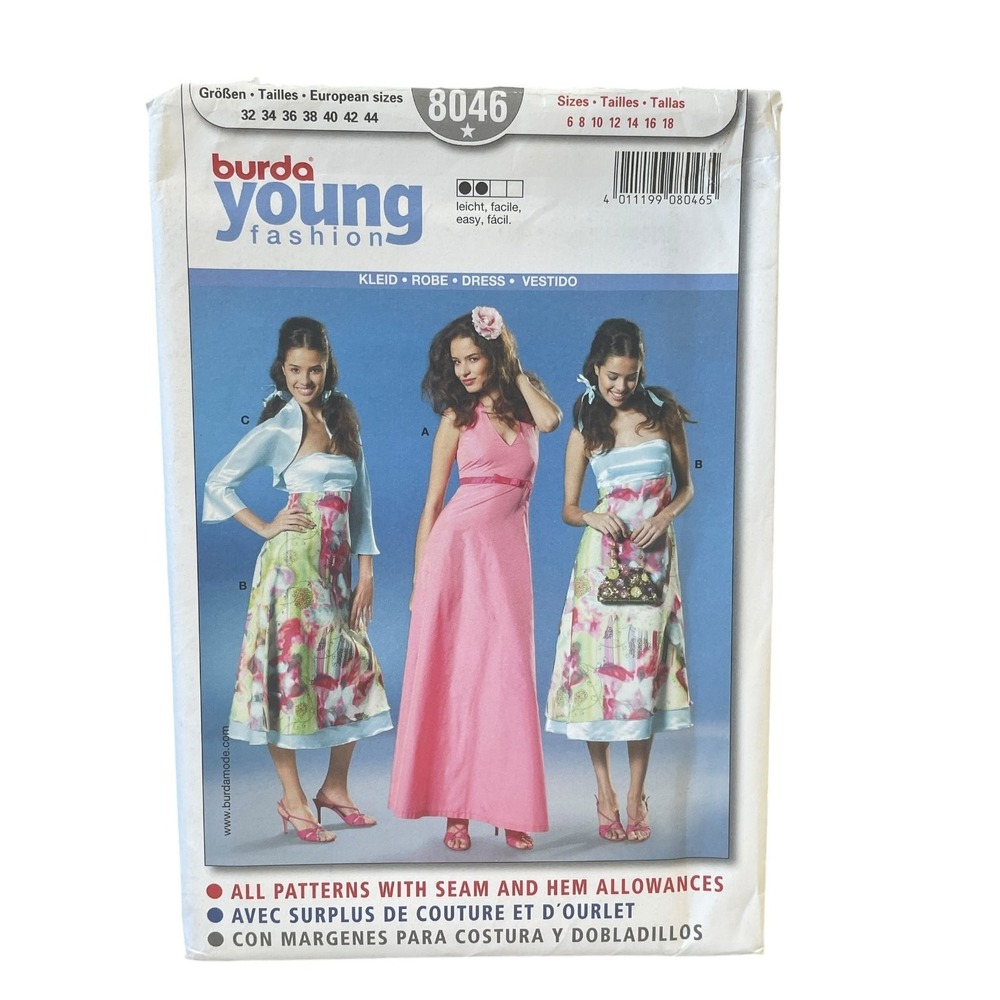 Burda 8046 Dress Sewing Pattern Sizes 6-18 Easy Young Fashion UNCUT FF